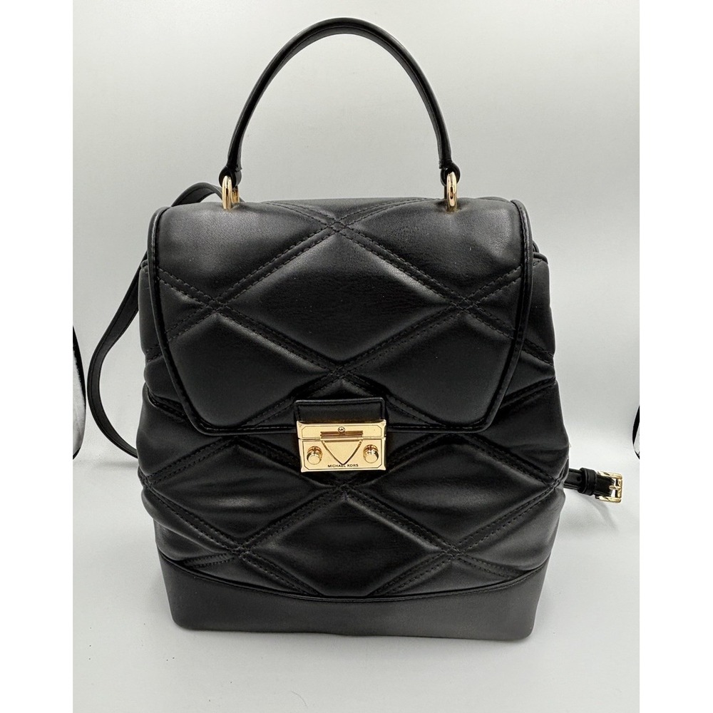 Michael Kors Serena Backpack Quilted Leather Flap Black & Gold mult pockets MED - Picture 1 of 14